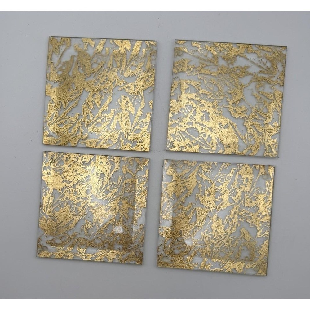 Gold Abstract Glass Coasters Set of 4 Square 4" Modern MCM Bar Decor